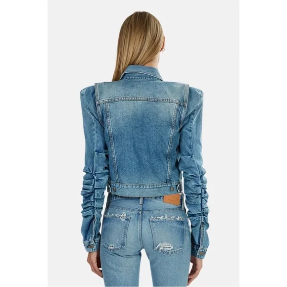 R13 Distressed Denim Jacket Structured Ruched Sleeve Jean Jacket | The Attico - Picture 8 of 13